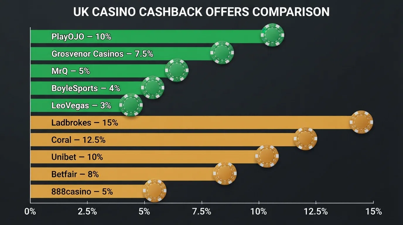 A bar chart comparing ten UK casino cashback offers — green bars for zero-wagering real-cash cashback, amber bars for bonus-credit cashback with a playthrough requirement, sorted by effective value