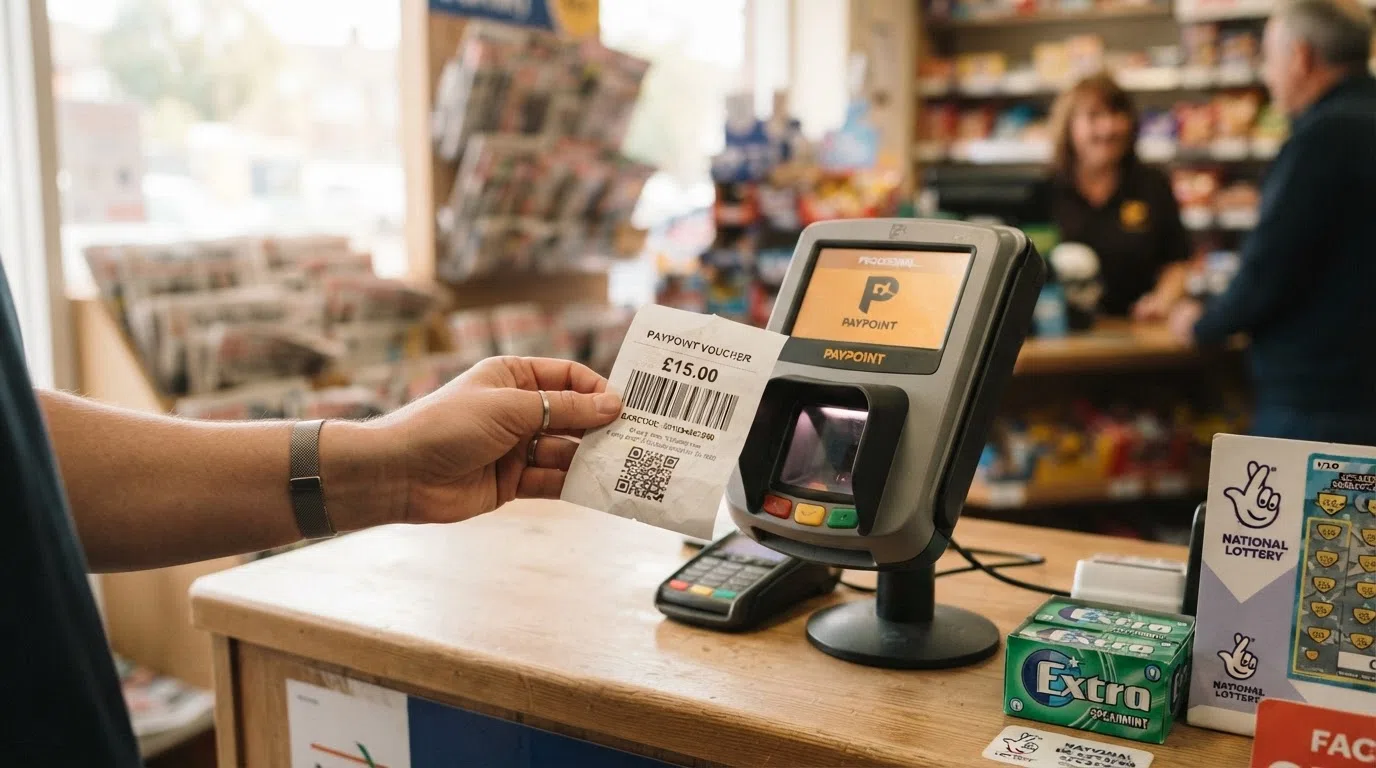 A customer holds a printed CashtoCode barcode up to a PayPoint checkout terminal