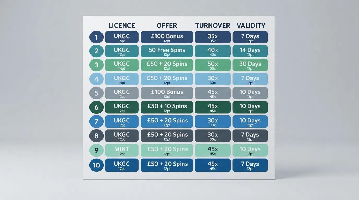 A comparison table with ten UK casino names and columns for licence, welcome offer, wagering and validity