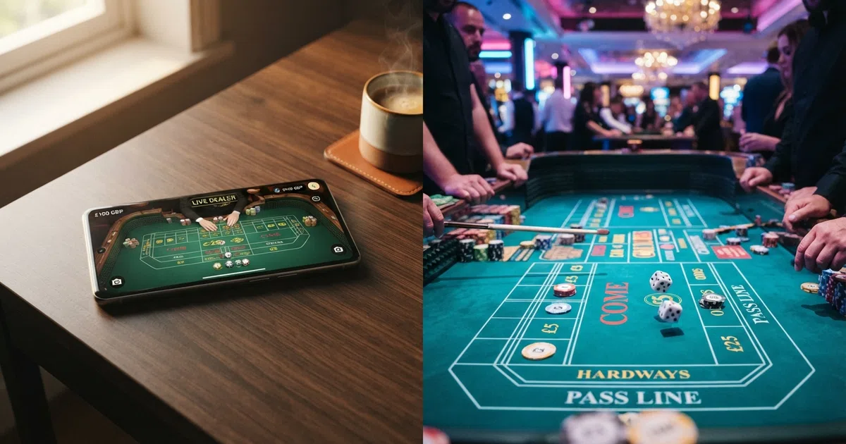 A split-screen composition: on one side a green baize online casino dice-table interface with betting grid and chip denominations in pounds sterling, on the other a neon-lit physical craps table surrounded by players
