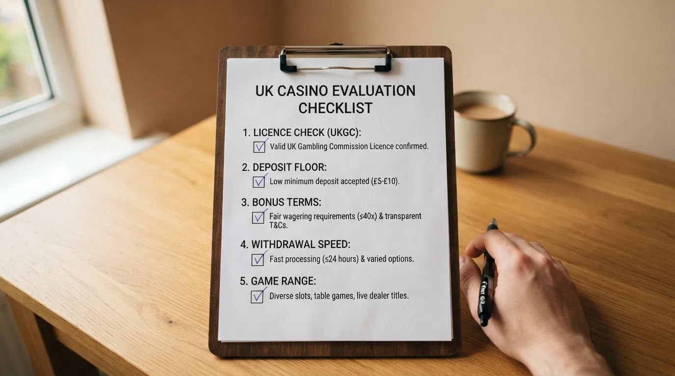 A checklist-style graphic showing the evaluation criteria: licence check, deposit floor, bonus terms, withdrawal speed, game range