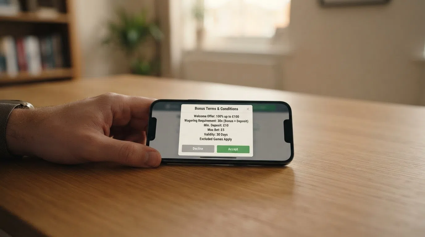 A close-up of a casino bonus terms pop-up on a phone screen, highlighting wagering requirements and expiry dates