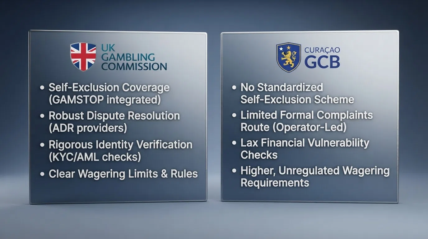 A side-by-side comparison visual showing the UKGC logo and the Curaçao GCB logo, with key player-protection differences listed in bullet points beneath each — GamStop, ADR, KYC, wagering caps