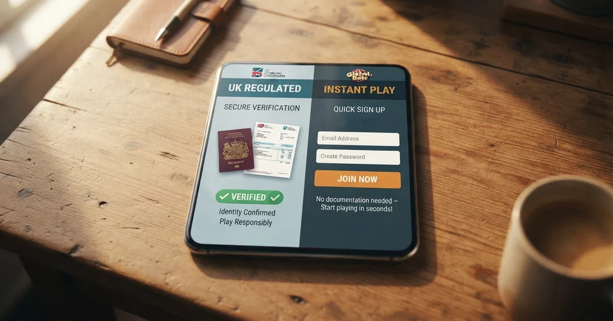 A split illustration contrasting the UKGC verification flow — a passport and utility bill next to a “verified” badge — with the offshore registration flow showing only an email field and a “play now” button