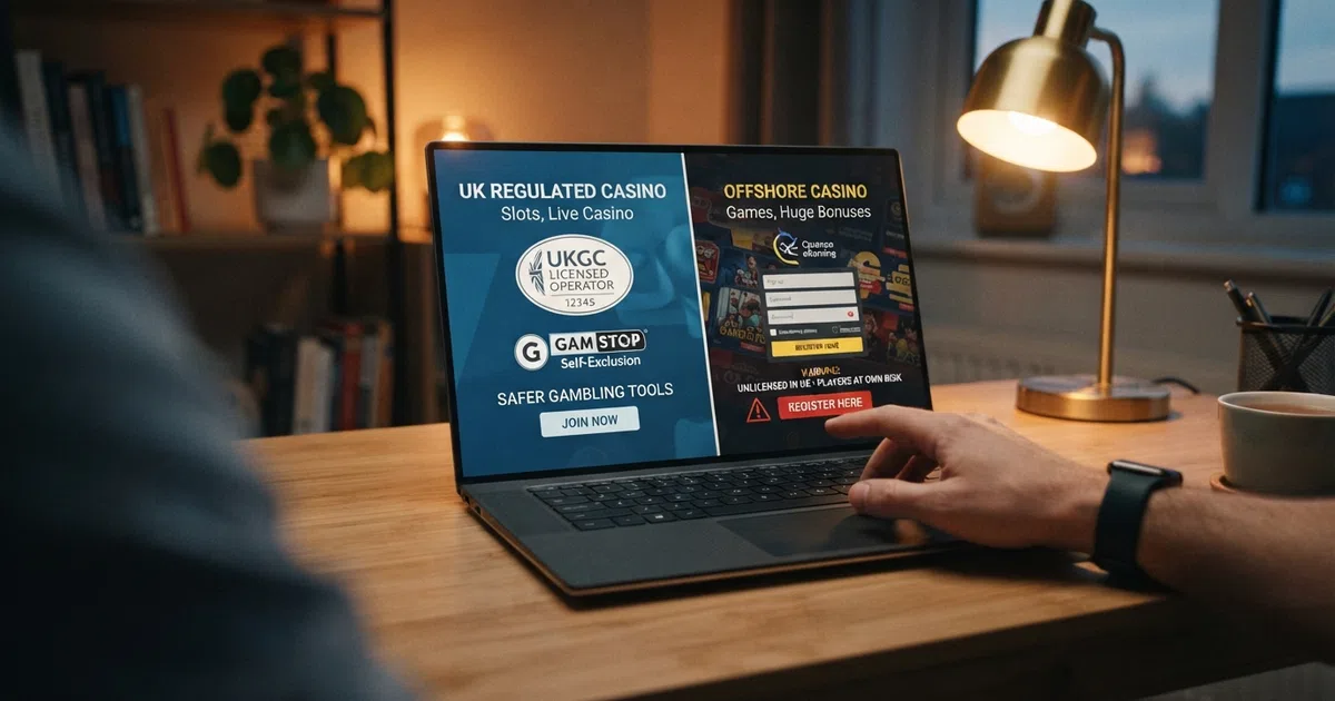 A split-screen visual contrasting a UKGC-licensed casino interface displaying a GamStop logo and licence number against an offshore casino interface with a warning icon and a Curaçao licence badge