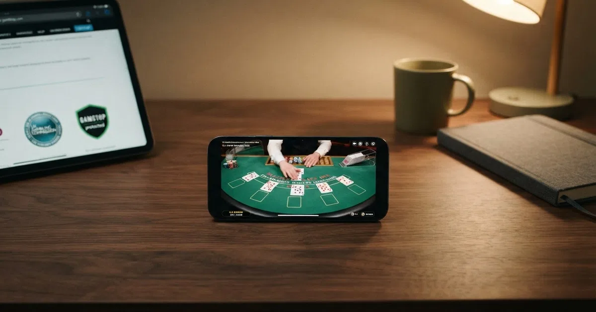A split-screen illustration: on the left, a UKGC badge and a green “GAMSTOP protected” shield; on the right, an offshore casino welcome screen with no protection indicators