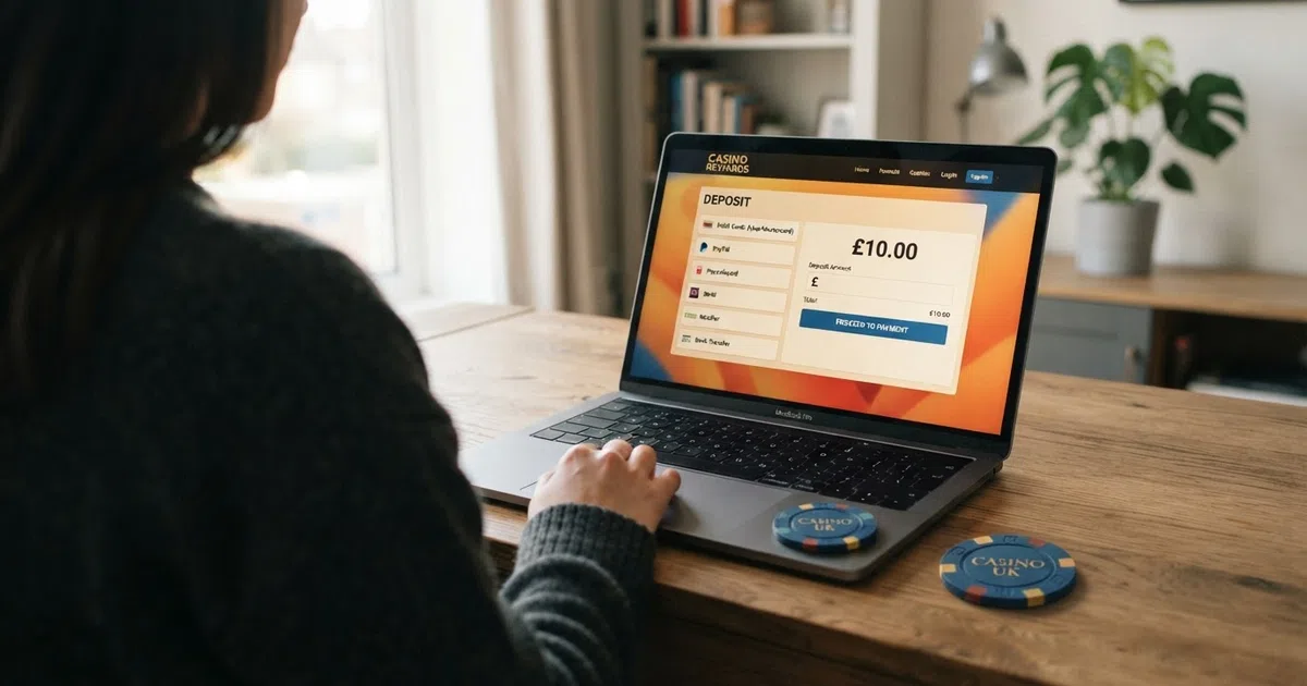 A UK online casino cashier page displayed on a laptop screen, with a Visa debit card placed beside the keyboard and the deposit-amount field visible on screen
