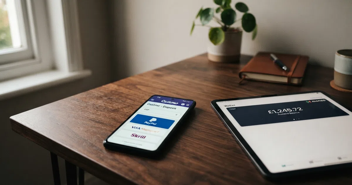 A smartphone screen showing a UK online casino cashier page with the Skrill logo visible among the deposit options, beside a Skrill wallet balance on a second device