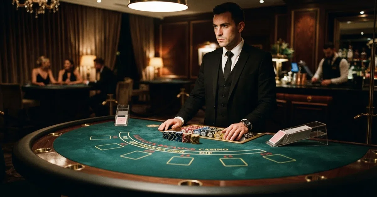 A high-roller casino table with a dealer and chips under warm lighting, with a VIP area visible in the background