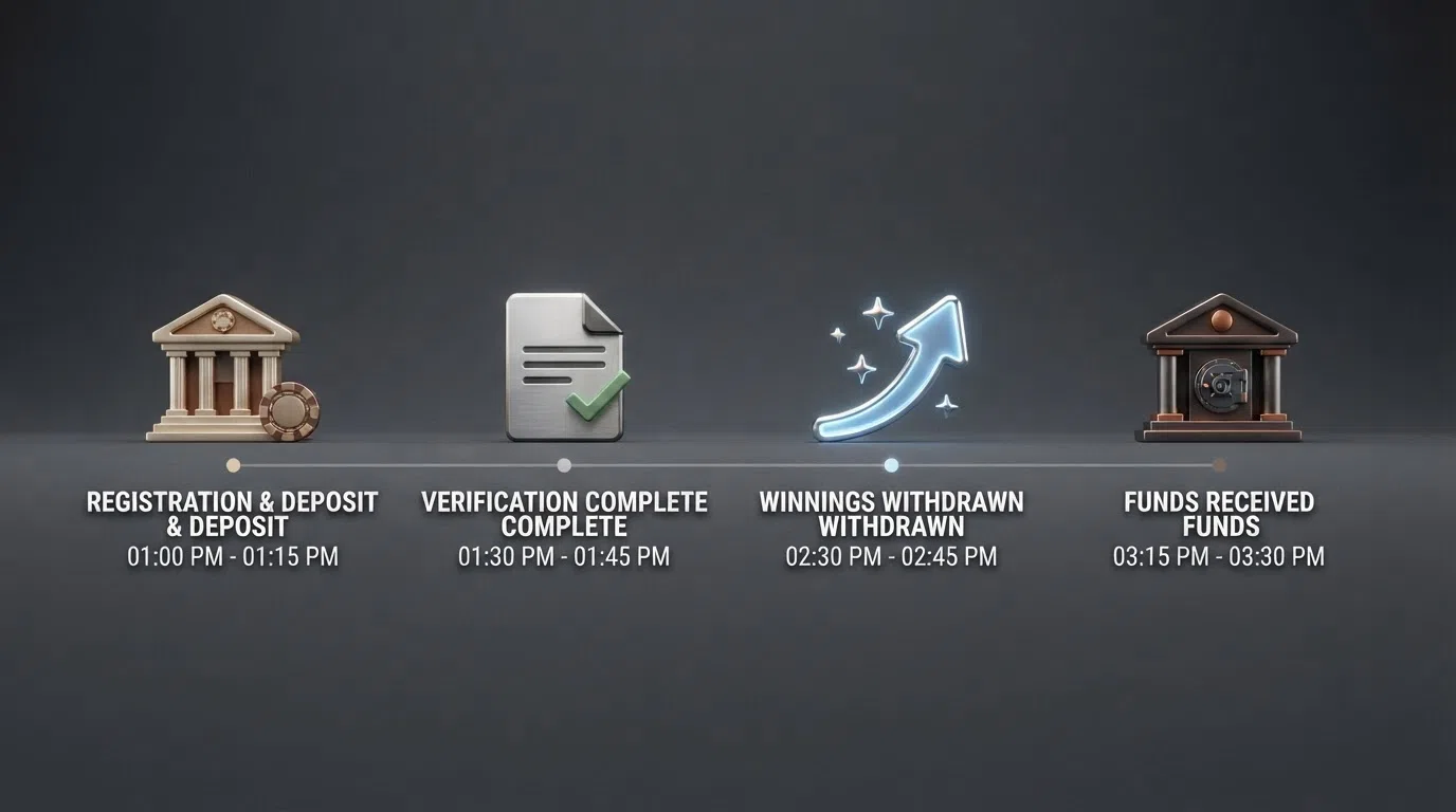A horizontal timeline graphic showing four sequential icons — a casino building, a document with a checkmark, a payment arrow and a bank — with estimated time ranges under each stage.