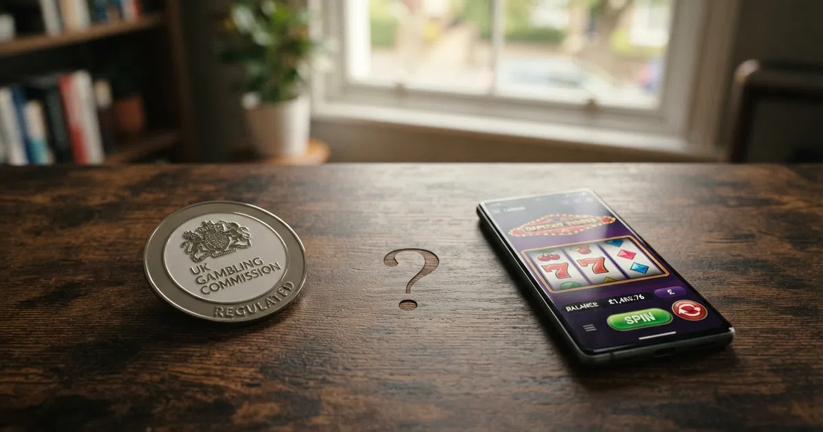 A split-screen composition showing a UK Gambling Commission badge on one side and a generic offshore casino interface on the other, with a question mark between them