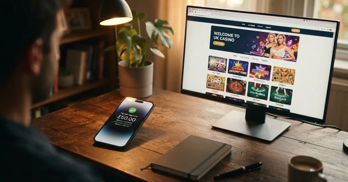 An iPhone showing the Apple Pay confirmation screen beside a UK online casino lobby on a desktop browser, with the casino brand stylised generically