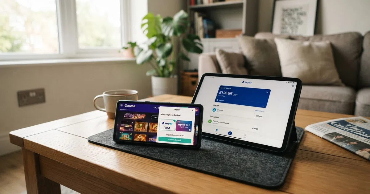 A smartphone screen showing a UK casino cashier page with the AstroPay deposit option highlighted among payment methods, beside an AstroPay wallet balance on a second device