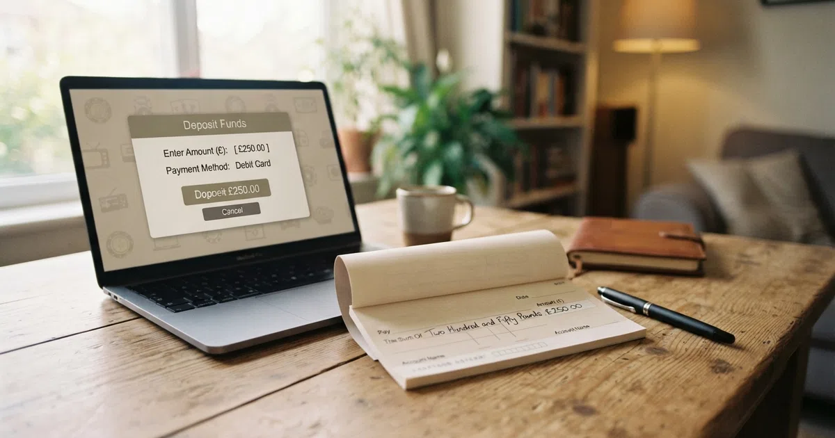 A UK bank cheque being filled out beside a laptop displaying an online casino lobby with a deposit screen open