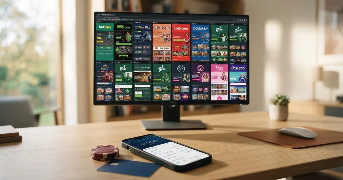 A grid of UKGC-licensed online casino homepages displayed on a desktop screen and a mobile phone, with a bank card and a banking app interface visible in the foreground