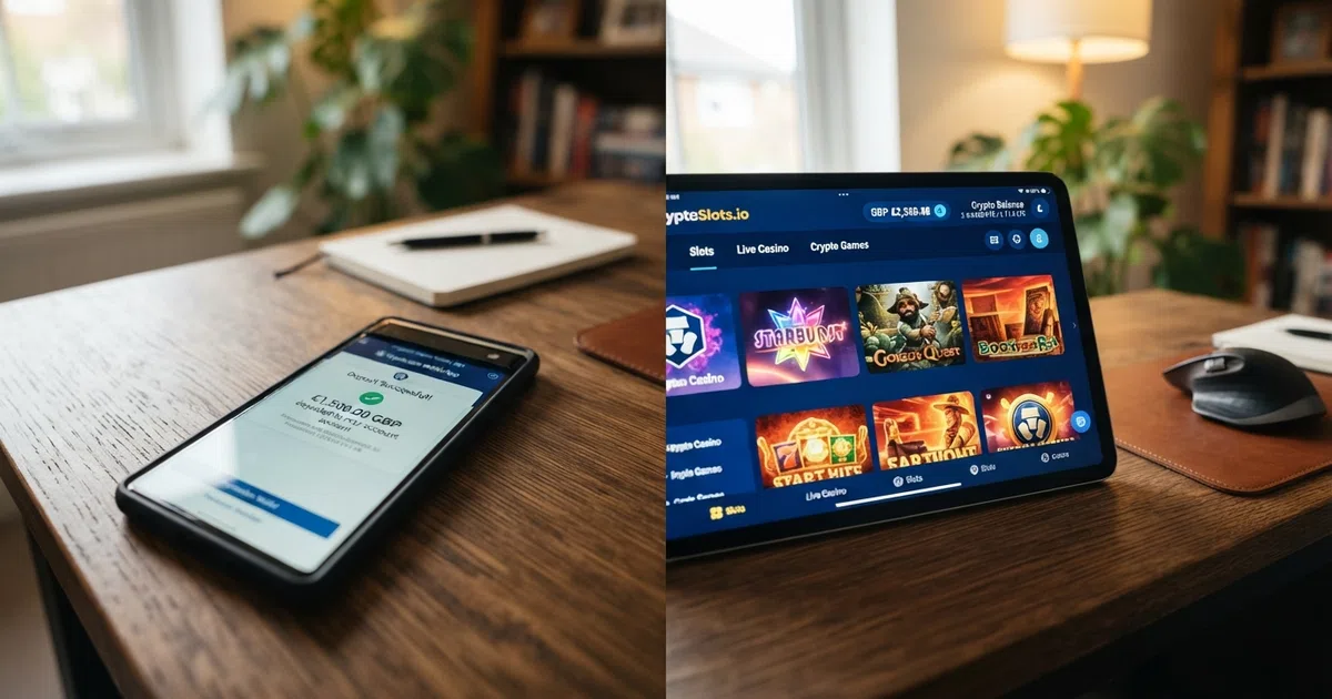 A split-frame composition: one side showing a smartphone screen with a Bitcoin wallet deposit confirmation, the other showing a casino lobby with slot thumbnails and a BTC balance display