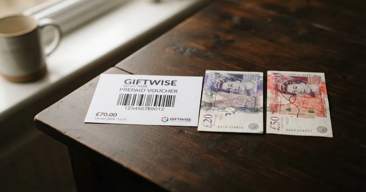 A CashtoCode voucher with its barcode shown beside a £20 note and a £50 note
