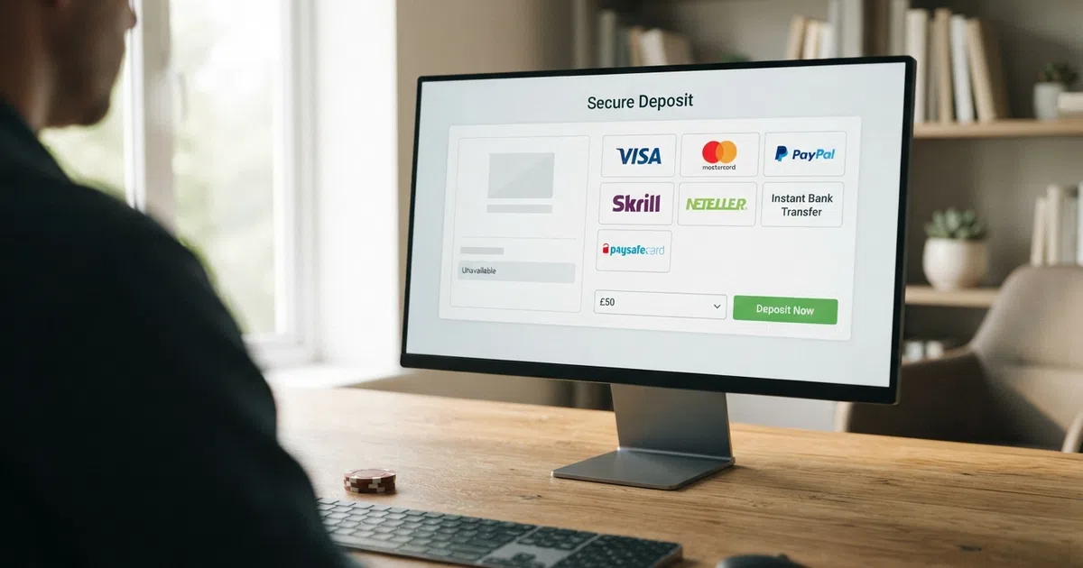 A desktop browser showing a UK online casino deposit page with multiple payment method icons, where Click2Pay is visibly absent from the listed options