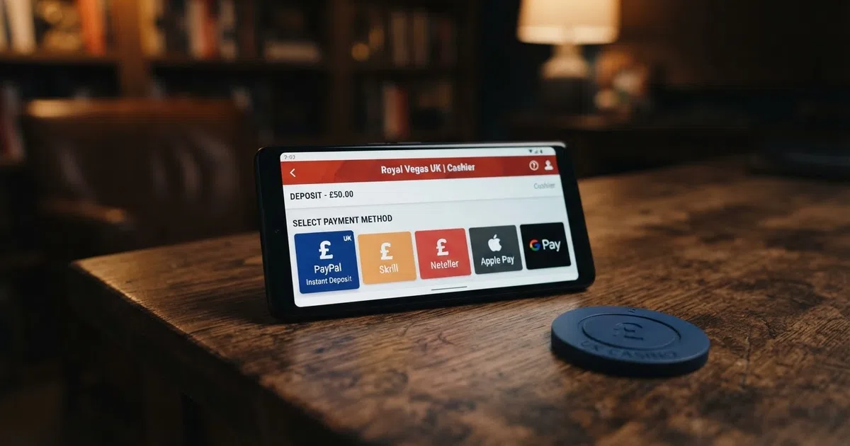 A smartphone screen showing a UK online casino cashier page with PayPal, Skrill, Neteller and Apple Pay listed as deposit options, the ClickandBuy logo visibly absent from the payment method icons