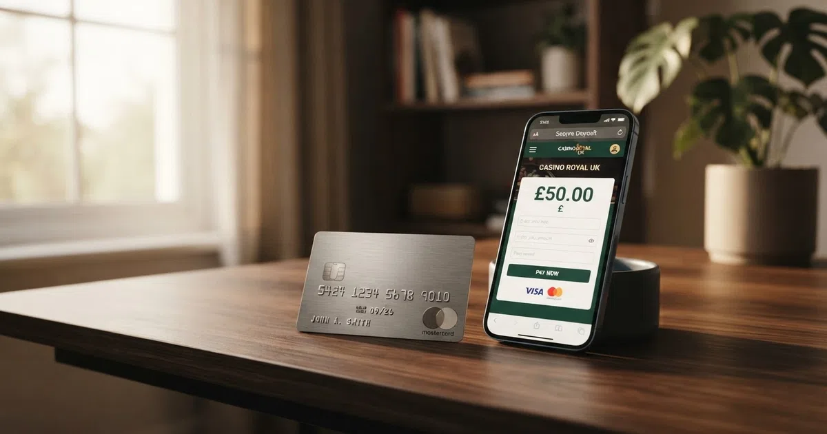 A silver credit card resting beside a smartphone that shows a casino deposit screen