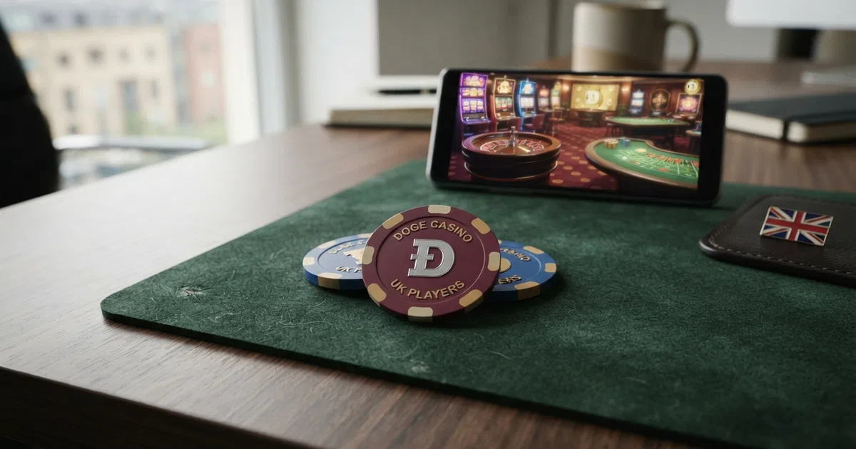 A digital illustration showing a Dogecoin coin beside a casino chip and a smartphone displaying a casino game lobby, with a subtle Union Jack element in the background.