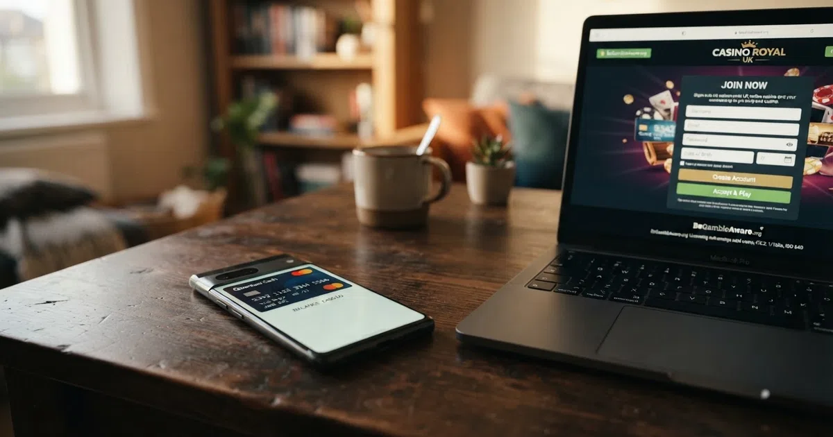 A virtual prepaid Visa card shown on a phone beside a laptop casino sign-up screen