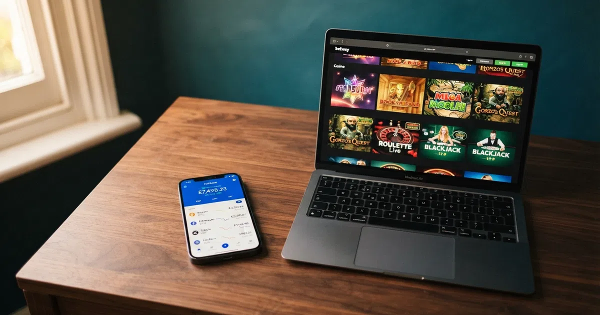 A smartphone screen displaying a crypto wallet interface beside a casino game lobby, with the Ethereum logo visible on screen
