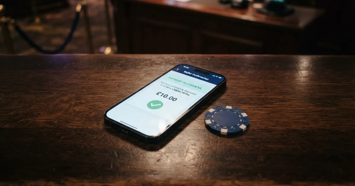 A phone held over a casino cashier screen showing a Google Pay confirmation, with a bank card beside it