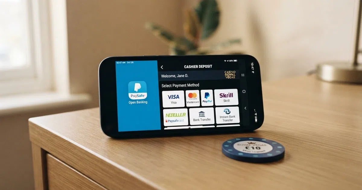 A smartphone screen displaying the Klarna app logo beside a UK online casino cashier page with deposit method icons visible, on a clean desk surface