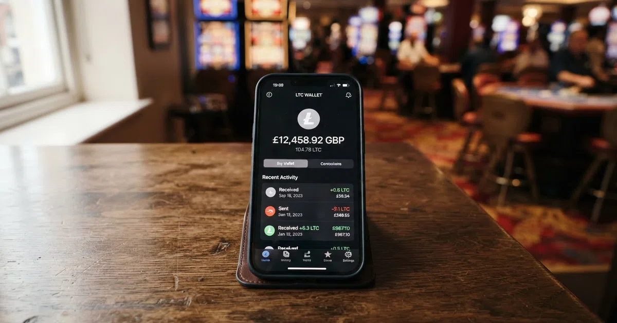 A smartphone screen displaying a Litecoin wallet balance and a casino lobby with slot game thumbnails in the background, connected by a glowing arrow suggesting a deposit transaction.