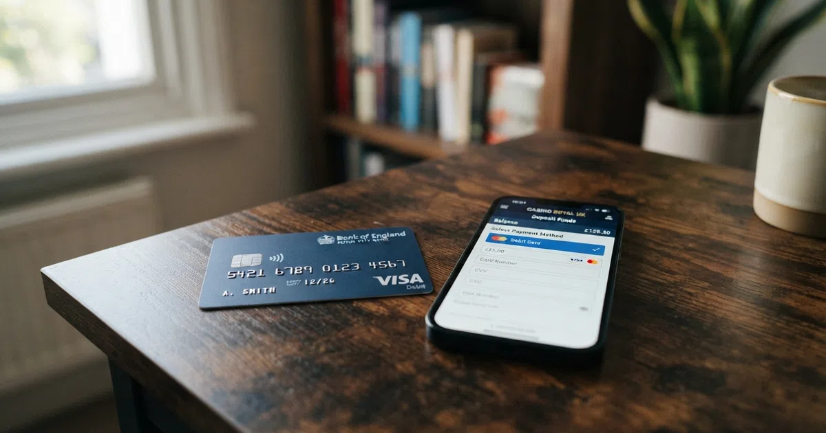 A UK-issued Maestro debit card next to a smartphone showing a UKGC-licensed casino deposit screen with the Maestro logo visible in the payment-method list