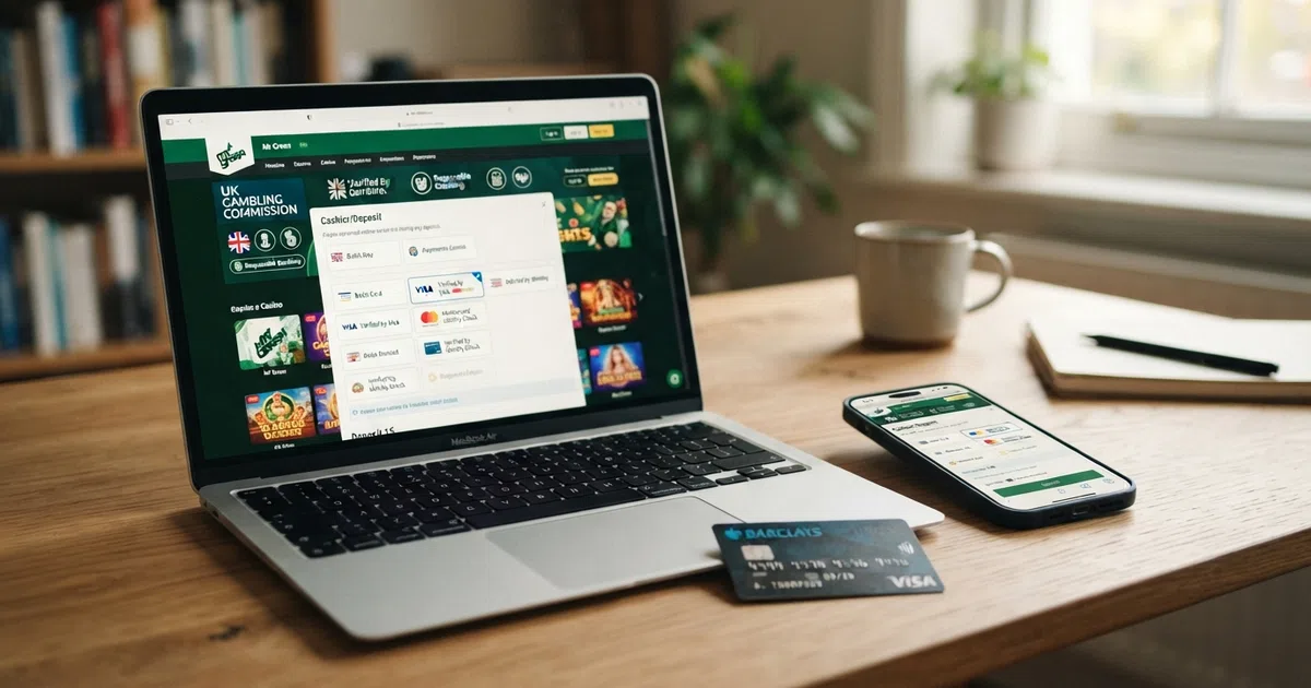 A UK online casino homepage displayed on a laptop screen with a smartphone beside it, both showing Mastercard listed among the available deposit methods in the cashier section