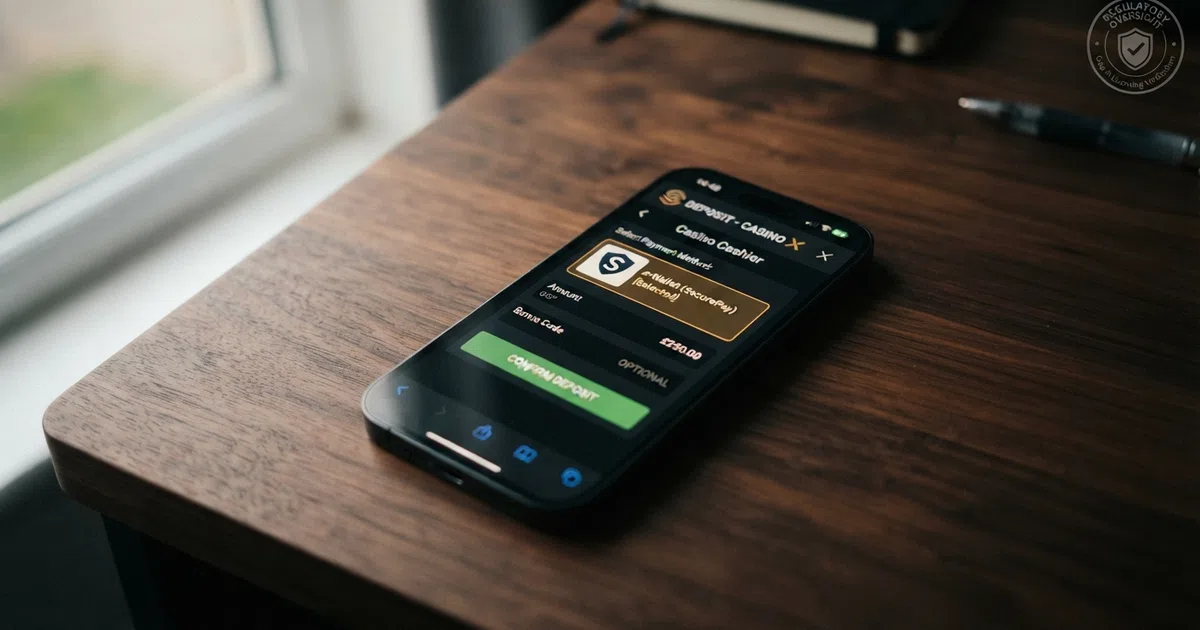 A smartphone screen displaying the MiFinity e-wallet app alongside a casino cashier page with MiFinity selected as the deposit method, overlaid with a UK Gambling Commission logo to represent the gap between the wallet's FCA regulation and the casinos' licensing status
