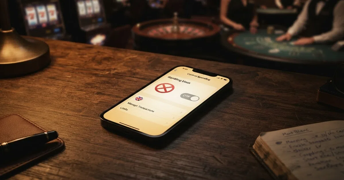 A smartphone screen showing the Monzo banking app with the gambling block toggle visible, set against a background of casino lobby thumbnails