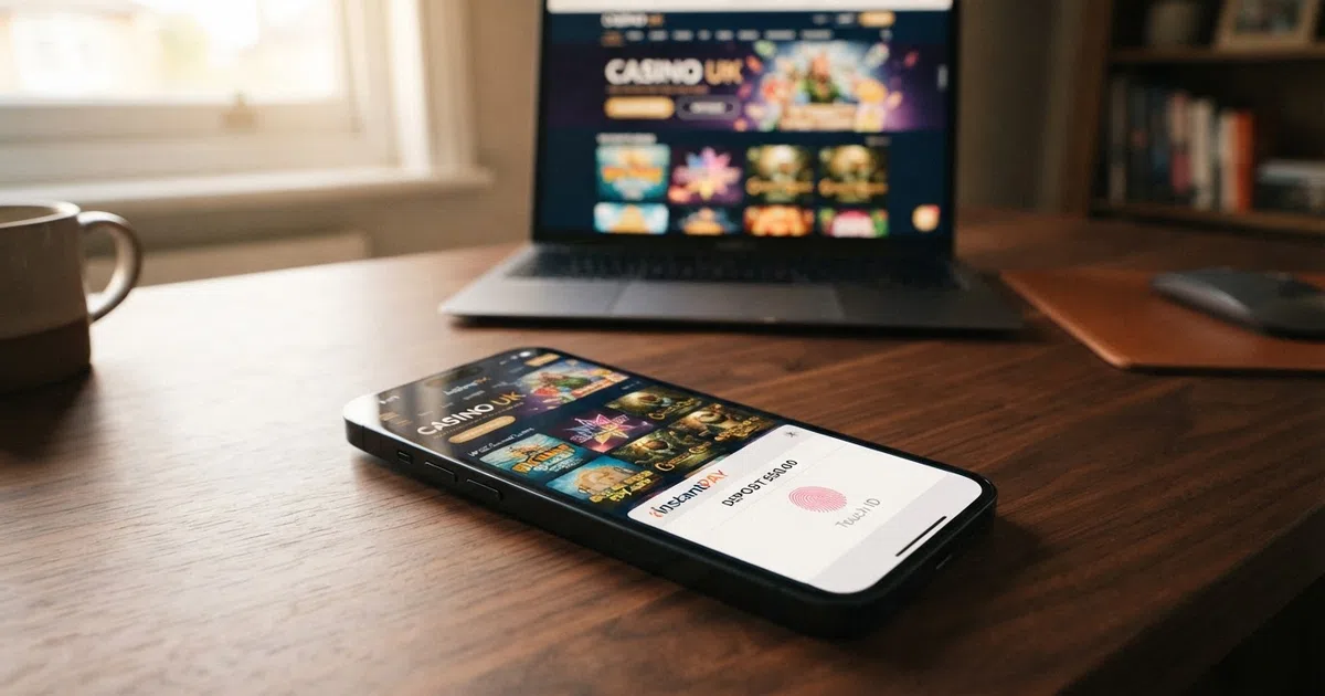 A smartphone displaying the MuchBetter app beside a UK online casino lobby screen
