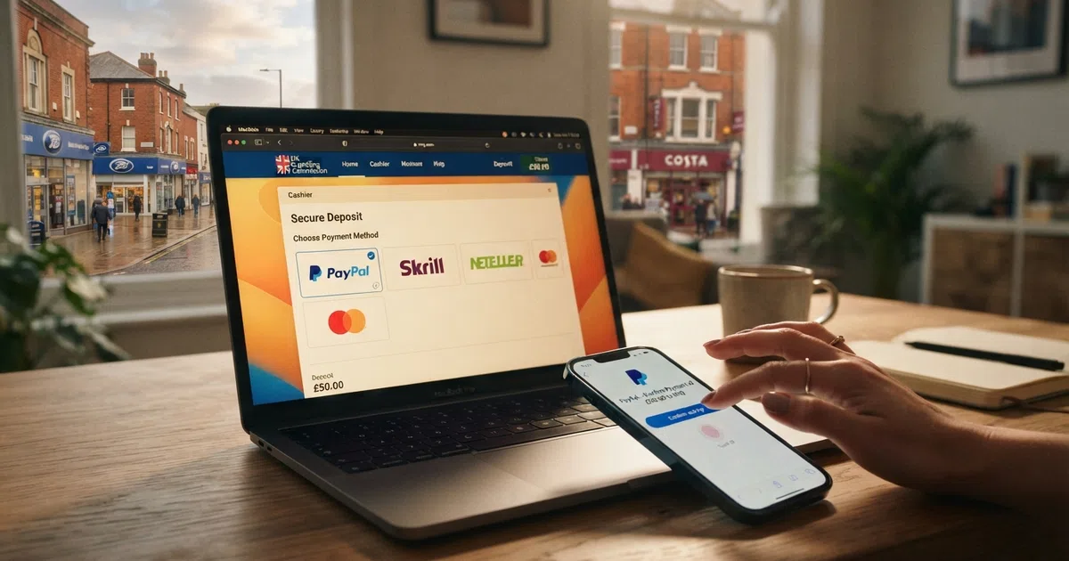 A UK online casino cashier screen showing the Neteller logo among payment method options, with a British casino interface visible in the background