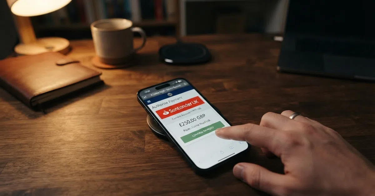 A smartphone screen showing a Trustly bank-redirect authorisation screen with a UK online casino logo visible in the background browser tab