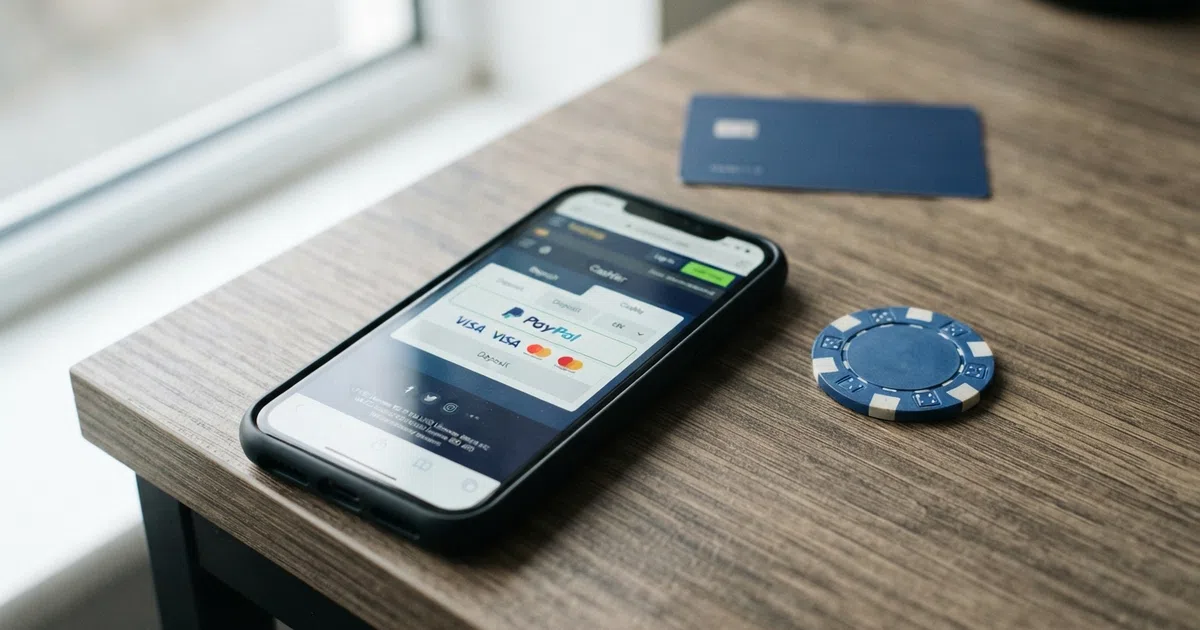 A smartphone screen showing a UK online casino lobby with the PayPal logo visible among the deposit options at the cashier, set against a clean desk background with a debit card beside the phone.