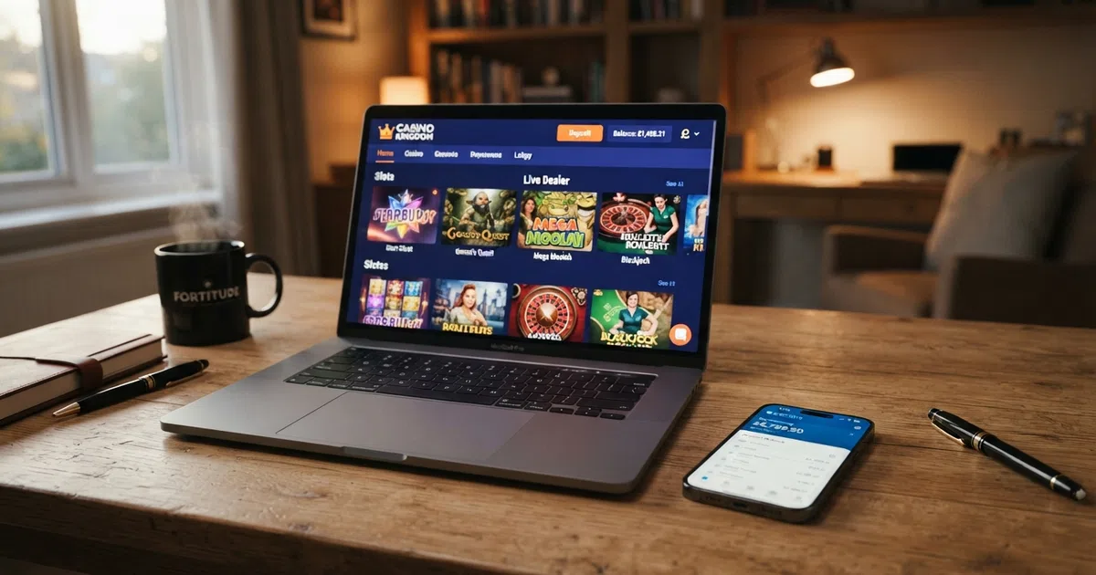 A UK online casino lobby screen on a laptop beside a smartphone displaying the Revolut app balance, set on a desk with subtle gaming-themed ambient lighting