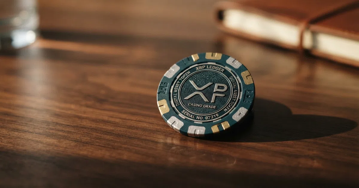 A Ripple XRP token graphic on a dark background with a casino-chip motif, conveying cryptocurrency-meets-gambling