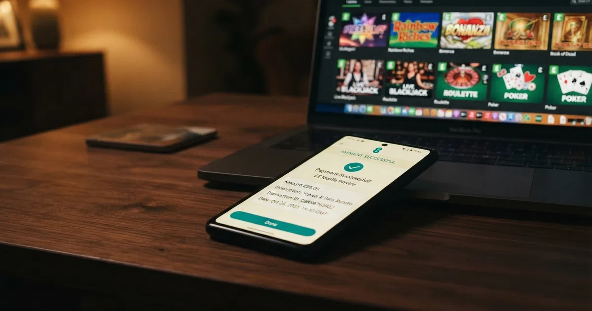A smartphone displaying a Siru Mobile payment confirmation screen beside a UK online casino game lobby
