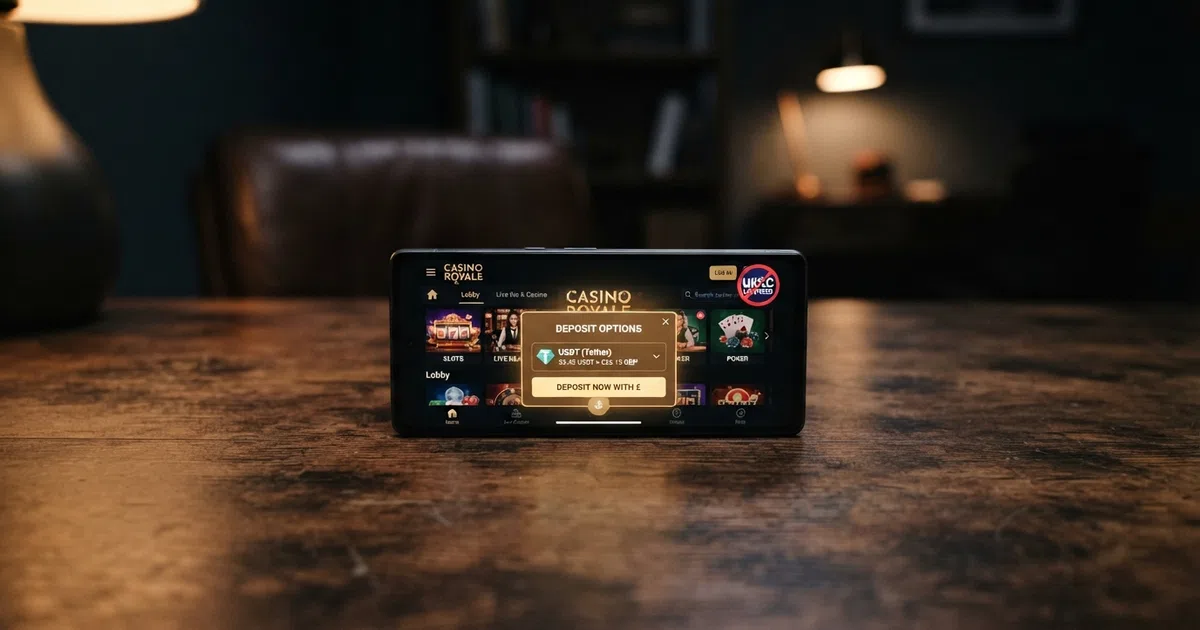 A smartphone screen showing a crypto casino lobby with a USDT deposit option, beside a UKGC licence badge with a cross through it