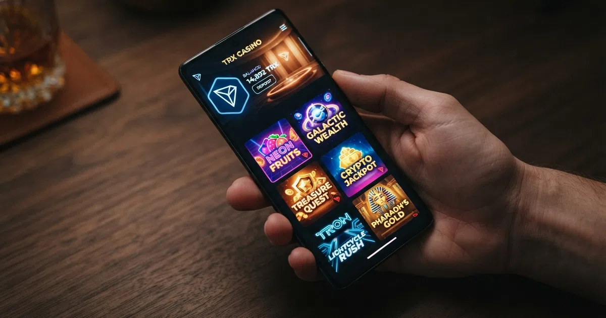 A smartphone screen displaying a TRON casino lobby with the TRX logo and a selection of slot-game thumbnails visible, held in a hand against a dark background