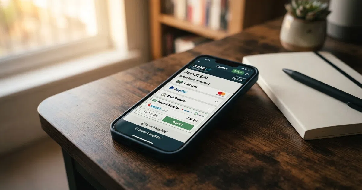 A UK online casino cashier page displaying Paysafecard listed among the available deposit methods beside a smartphone showing the same screen