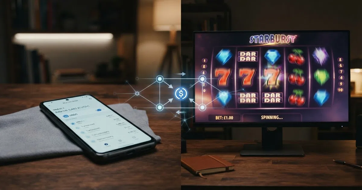 A split-frame composition: on one side a smartphone displaying a cryptocurrency wallet with USDC balance, on the other a row of online casino slot reels spinning, with a glowing blockchain-network diagram connecting the two halves