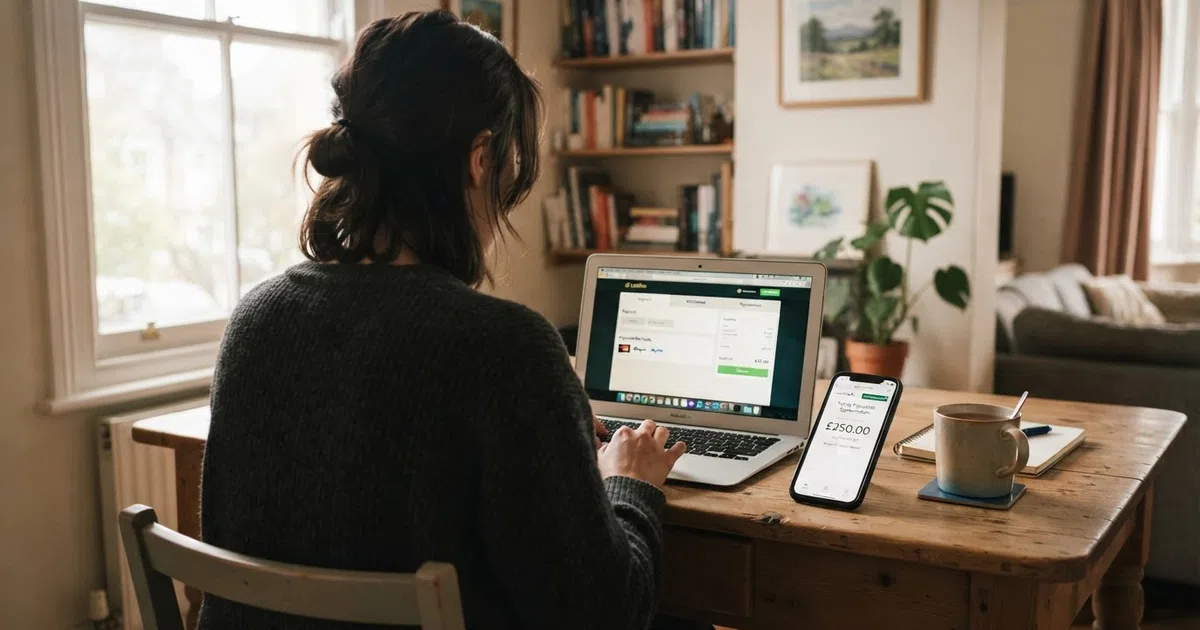 A UK player sitting at a desk with a laptop open to an online casino cashier page, a smartphone beside them showing a banking app with a transfer confirmation screen, a cup of tea and natural daylight framing a calm domestic setting.