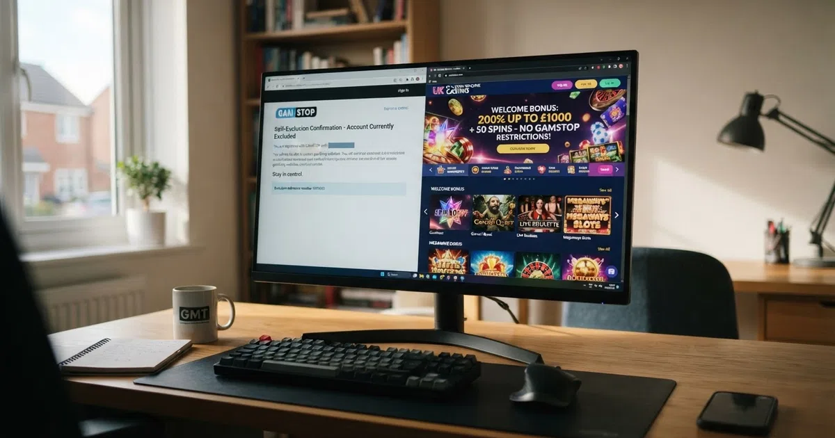 A desktop screen showing a GamStop self-exclusion confirmation page on one side and a non-GamStop casino lobby on the other, with the GamStop logo visible