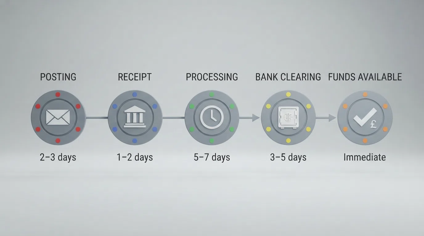 A visual timeline showing the stages of a bank cheque casino deposit — posting, receipt, processing, bank clearing, and funds available — with approximate durations at each stage