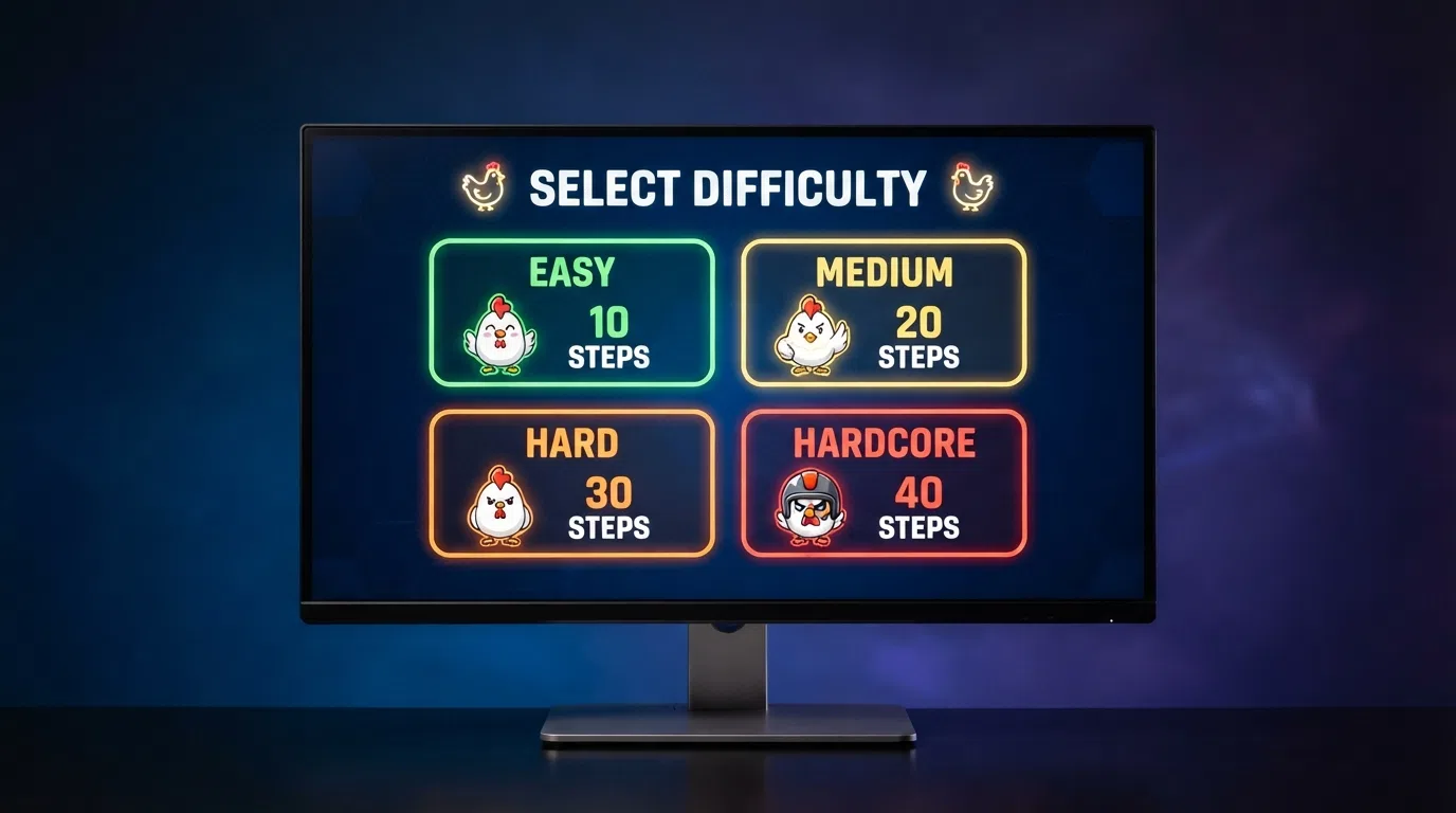 The Chicken Road game lobby screen showing the four difficulty-mode tiles — Easy, Medium, Hard and Hardcore — with step-count labels beneath each