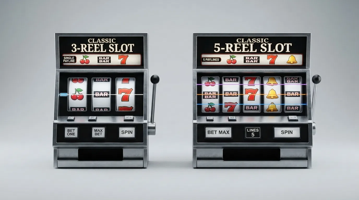 A 3-reel slot beside a 5-reel classic slot, both showing traditional fruit and bar symbols, with the 3-reel display highlighting its single payline